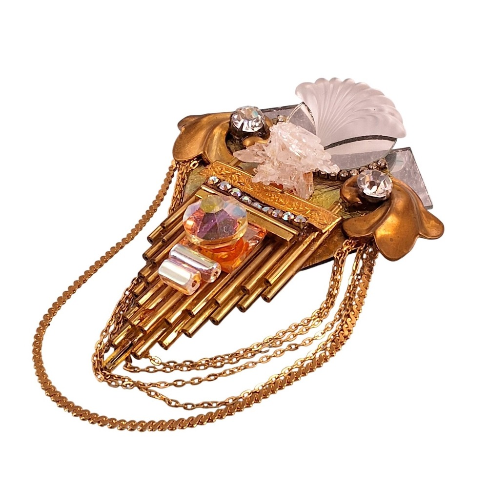 Art Deco Revival Assemblage Brooch - Quartz Crystal Shell & Draped Chain‎ Gold